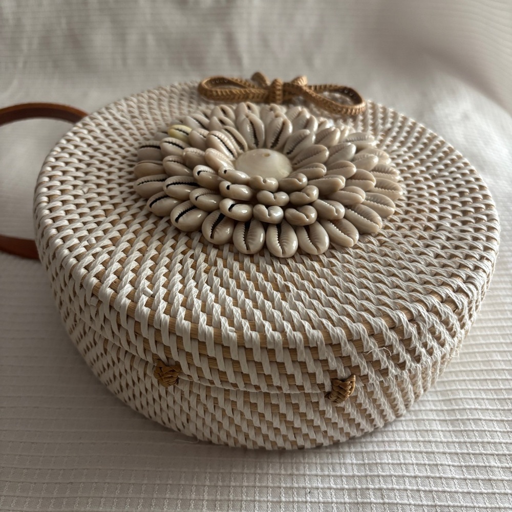 Round Anthropologie white rattan purse